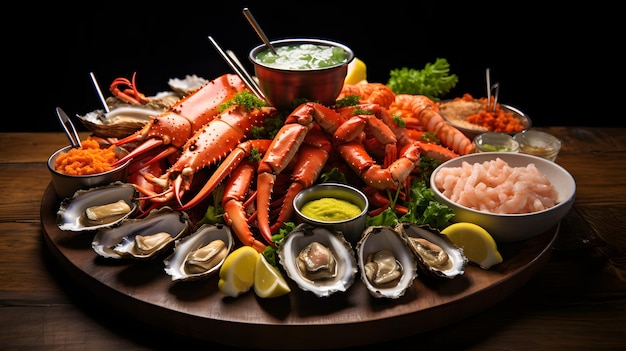 Seafood platter with a variety of shellfish and dipping sauces