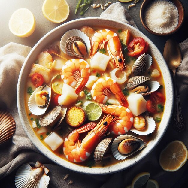 Фото Морские продукты pozole креветки гребень рыба в ароматном бульоне погружение в ии изображение