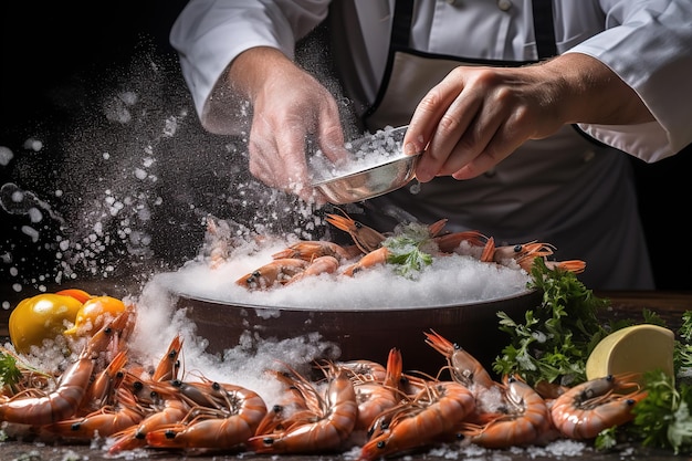 Photo seafood professional cook prepares shrimp