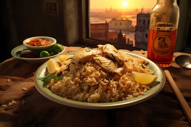 Seafood and rice on a wooden table in a restaurant