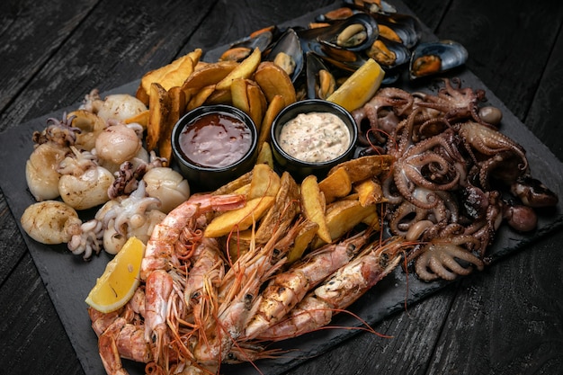 Seafood Set of seafood and sauces on a slate board on a dark wooden table