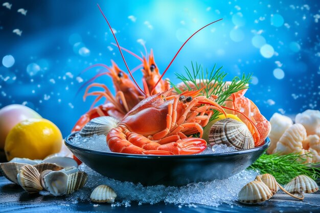 seafood on the showcase on the blue sea background