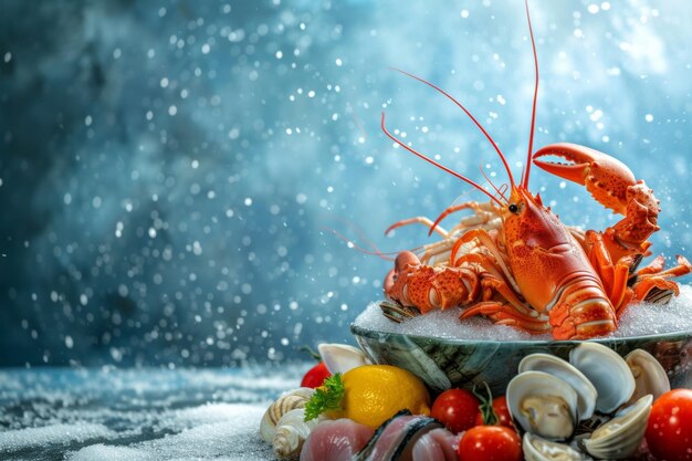 seafood on the showcase on the blue sea background