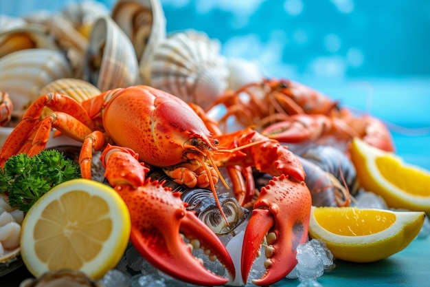 seafood on the showcase on the blue sea background