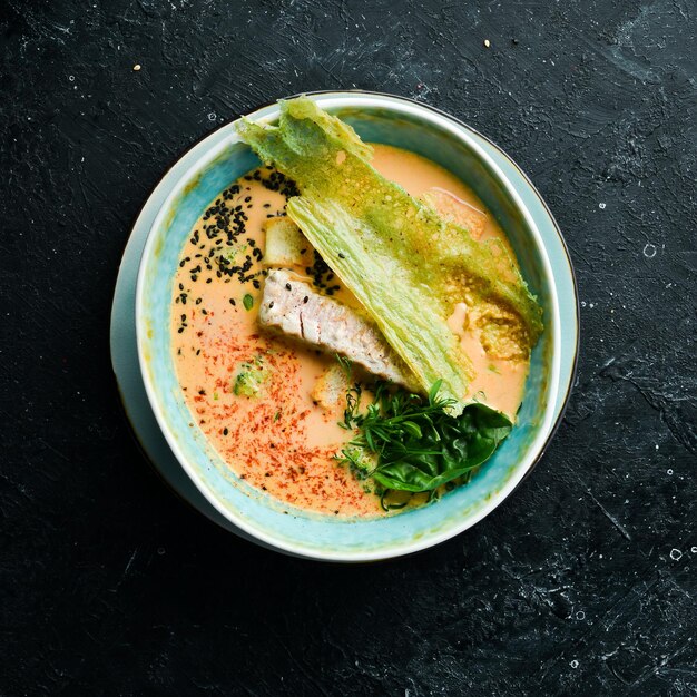 Seafood soup. Creamy tuna soup in a bowl on a black stone background. Top view. Rustic style.