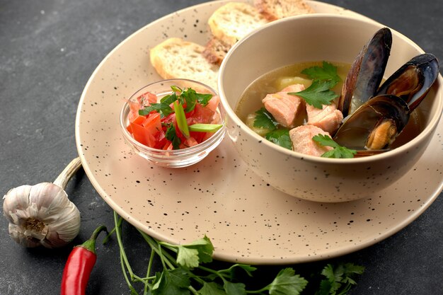 シーフードスープ、ムール貝の魚、黒の背景の魚のスープ
