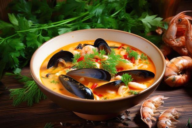 Seafood soup mussels and shrimp