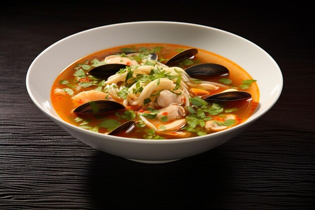 Seafood soup plate on black slate background