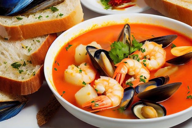 Photo seafood soup with mussels and fresh seafood with tomatoes