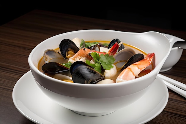 Суп из морепродуктов с мидиями, креветками и кальмарами в белой миске