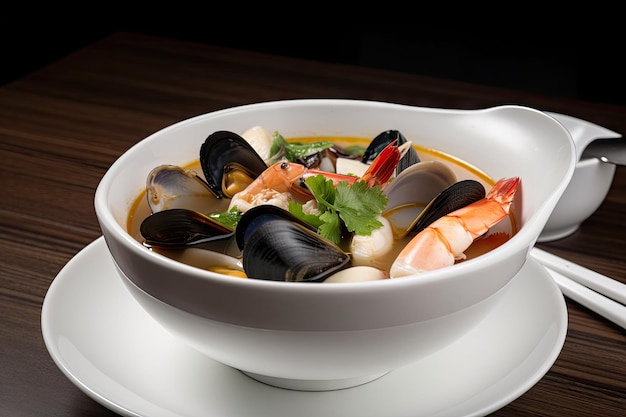 Seafood soup with mussels shrimp and squid in white bowl