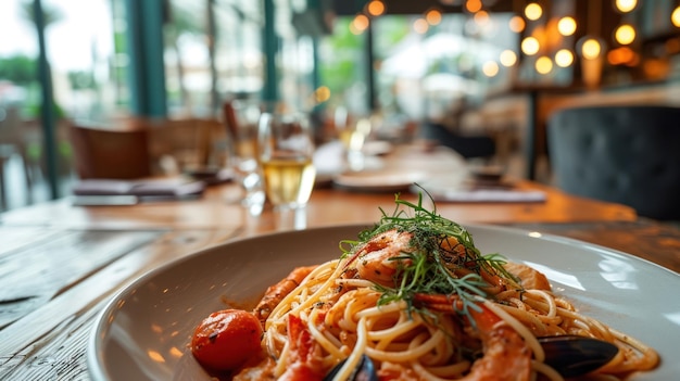 Foto spaghetti di frutti di mare contro l'interno di un moderno ristorante di frutta di mare