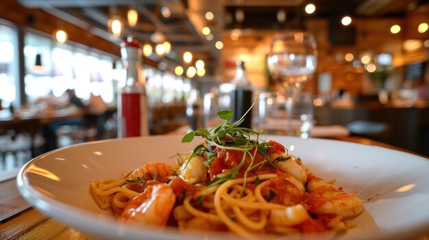 Photo seafood spaghetti against a modern seafood restaurant interior