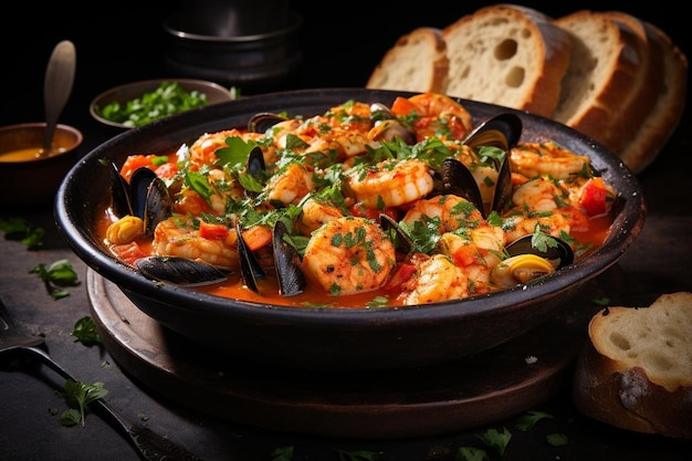 Seafood Stew in Rustic Bowl