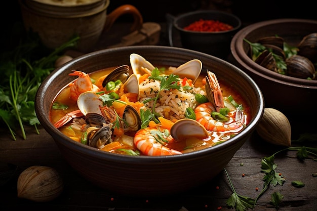 Seafood stoofpot in een rustieke kom