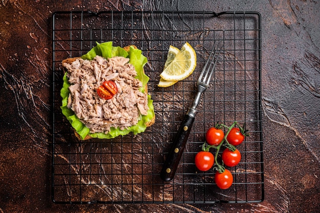 Seafood Toast with Canned Tuna fish fillet and lettuce Dark background Top view