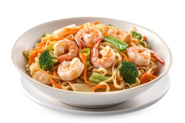 Seafood topped noodles on a white background