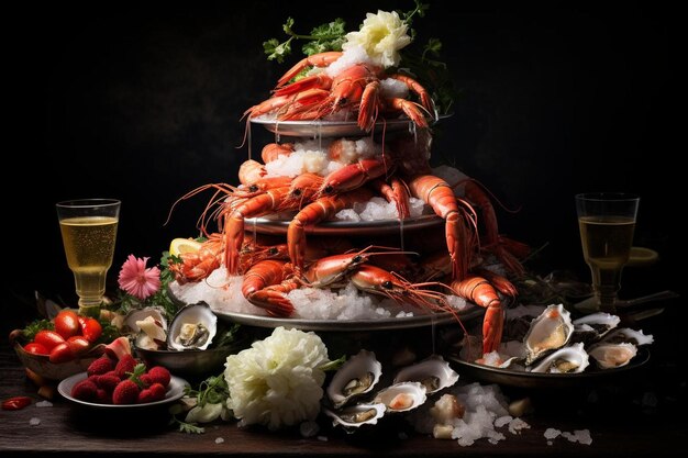 Seafood Tower with Oysters Shrimp and Crab