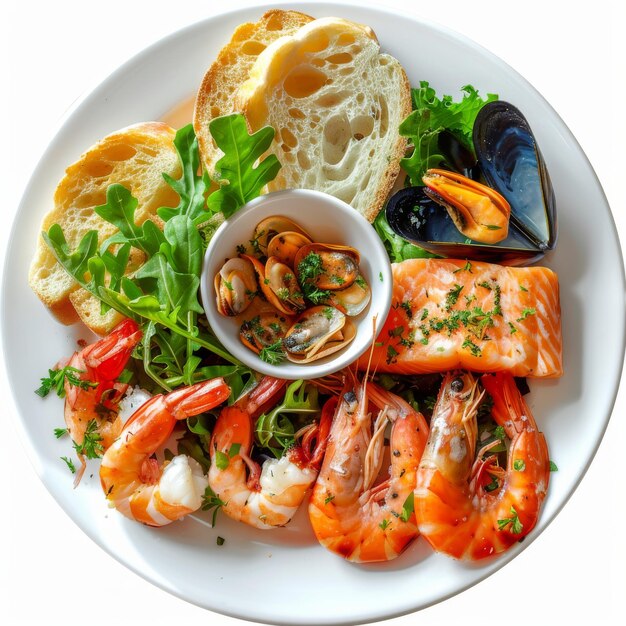 Photo seafood with garlic baguette toasted bread cooked prawns shrimps mussels and salmon fillet