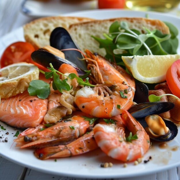 Photo seafood with garlic baguette toasted bread cooked prawns shrimps mussels and salmon fillet