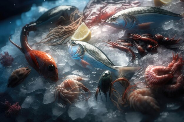 Seafood with ice creative illustration AI generated