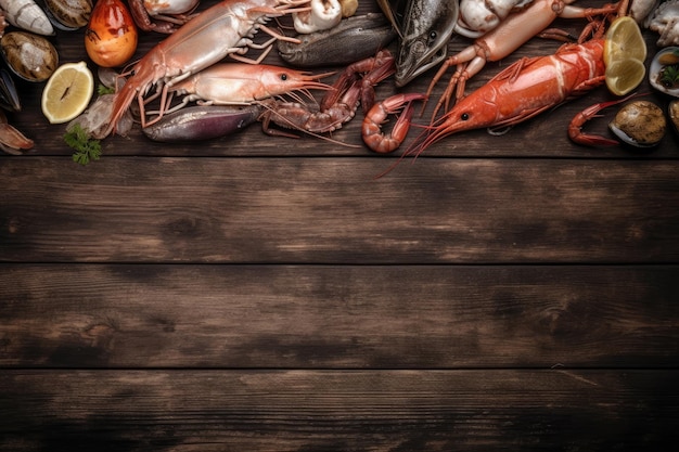 Seafood on wood background