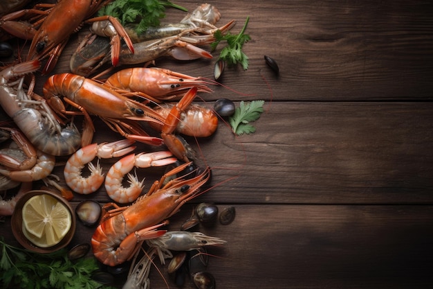 Seafood on wood background