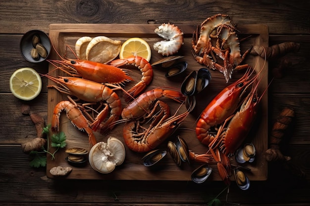 Seafood on wood background