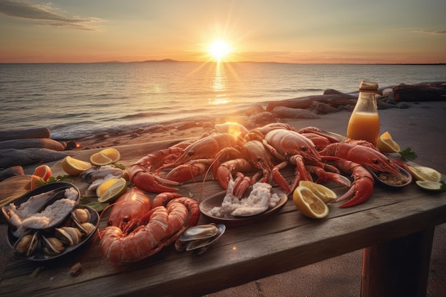 Seafood on wood background