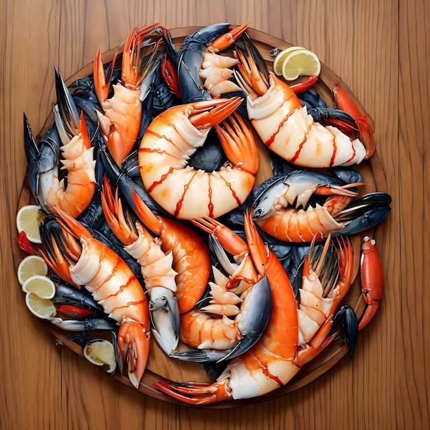 seafood on a wooden background top view