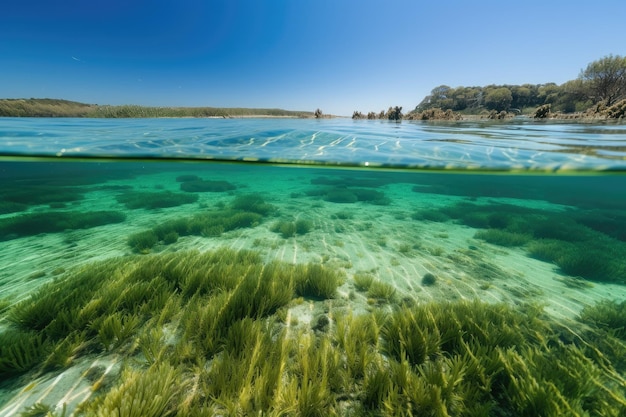 Seagrass meadow surrounded by clear blue water created with generative ai