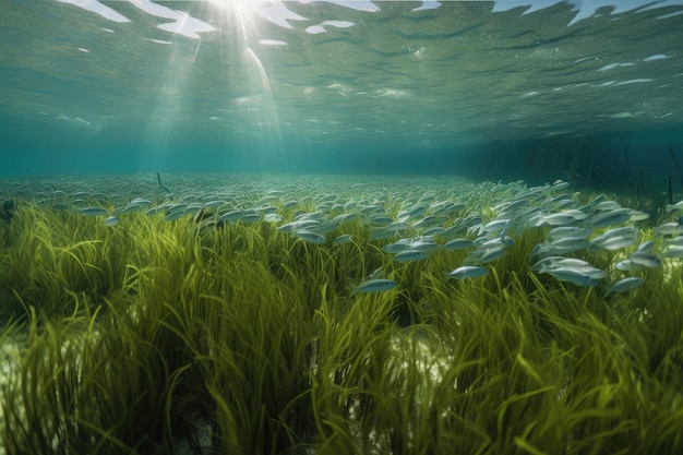 生成 AI で作成された、流れに波打つ海草の草原と泳ぐ魚の群れ