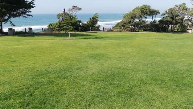 Seagrove-strandpark in Del Mar, Californië de V.S. Tuin aan zee met gazon. Groen gras, oceaankust