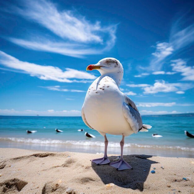 Photo seagull on the beach under blue sky ai generated