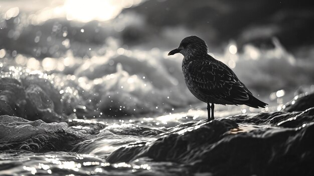 seagull on the coast on top of a stone with the sea in the background