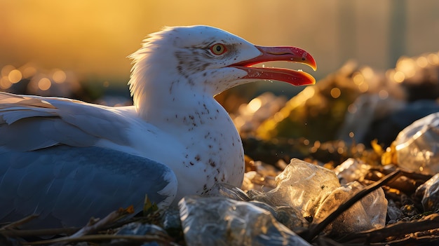 Seagull entangled in plastic trash