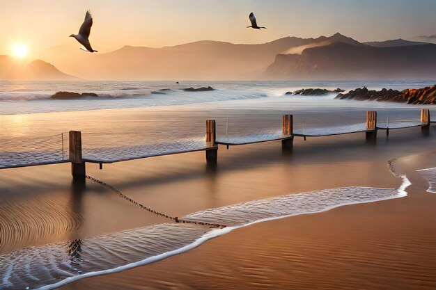 a seagull flies over the ocean at sunset.