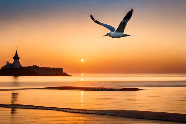 a seagull flies over the ocean at sunset.