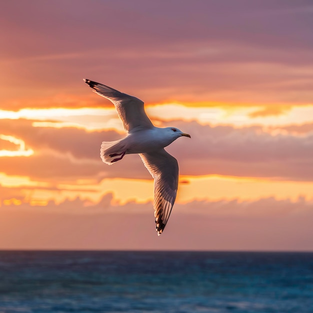 seagull fly againts sunset background