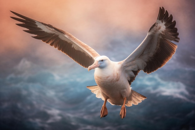 A seagull flying over the ocean with the sky in the background