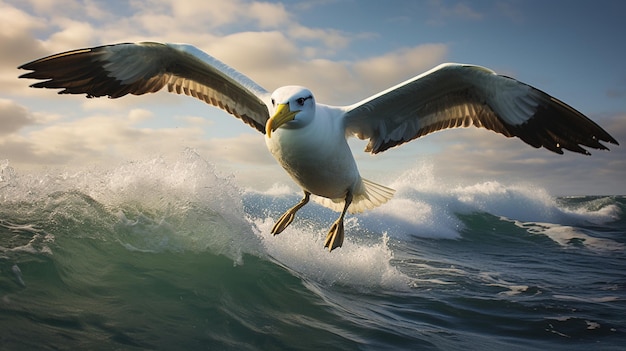 a seagull flying over the ocean with the sky in the background.