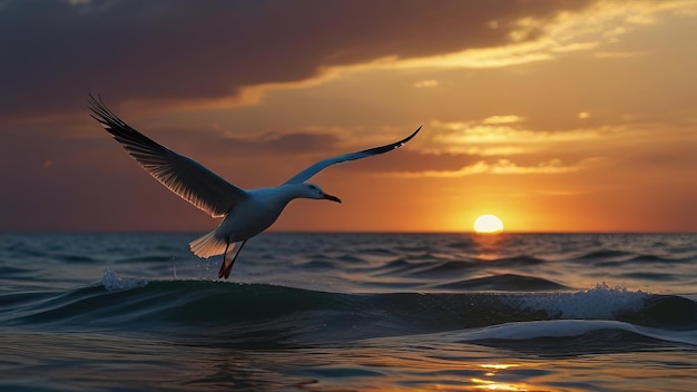 Photo a seagull flying over the ocean with a sunset in the background