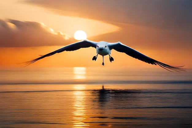 A seagull flying over the ocean with a sunset in the background