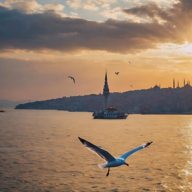 Seagull flying over the sea in istanbul urban environment