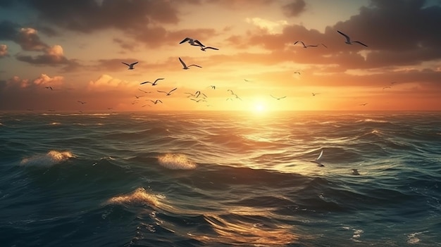 Seagull flying over the sea at sunsetgenerative ai