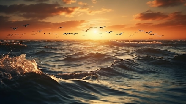 Seagull flying over the sea at sunsetgenerative ai