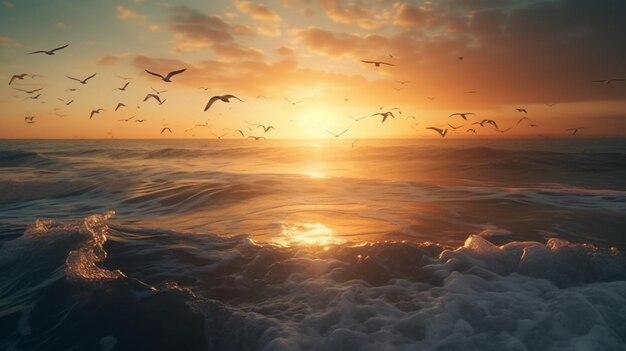 Seagull flying over the sea at sunsetgenerative ai