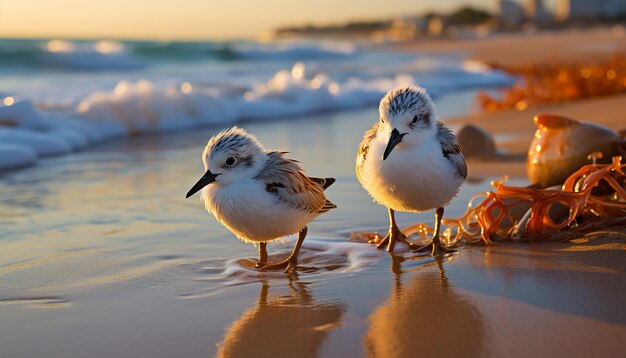 夕暮れの海鳥が水面を飛ぶ 自然の静かな美しさ AIによって生成された