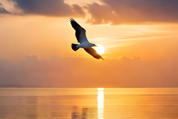 Photo a seagull flying over the water with the sun setting behind it.