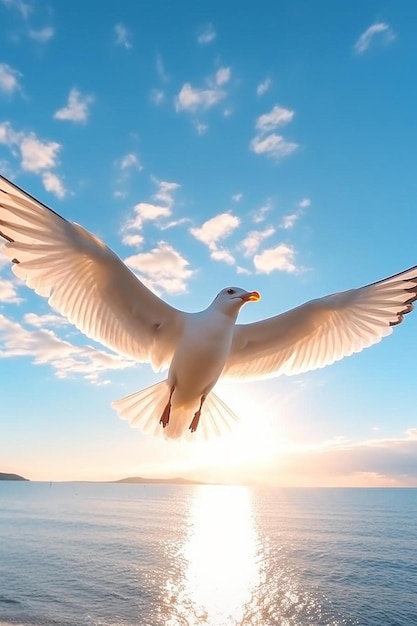 写真 青い空の背景で飛ぶカモメ